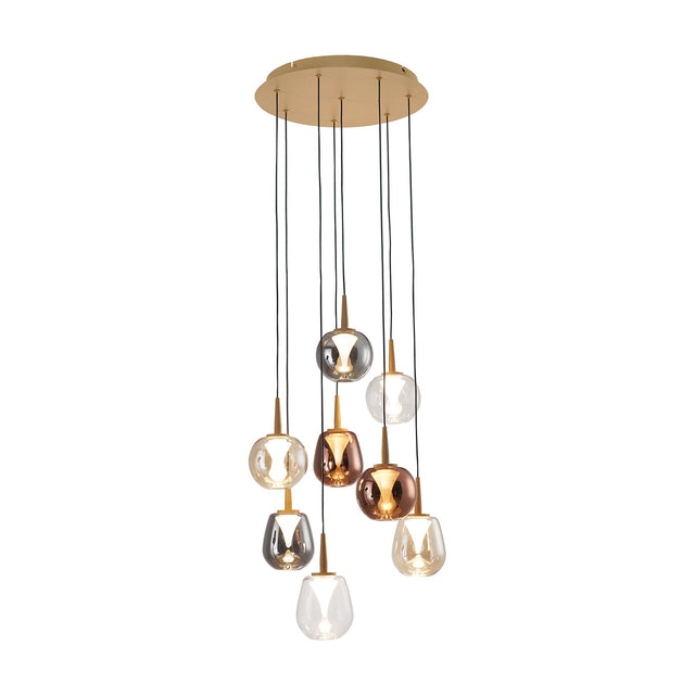 Round 8-light pendant, light gold finish, with clear, smoke-grey and amber glass globe shades on cascading cords from a circular ceiling plate, plain white background.