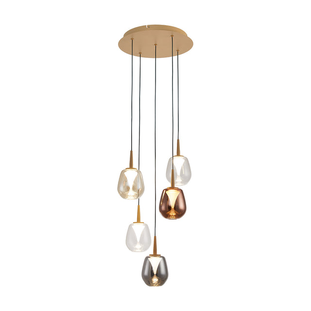 Round 5-light pendant with 39cm light gold ceiling plate, cascading cords holding glass shades in clear, amber, copper and smoked grey finishes, on a white background.
