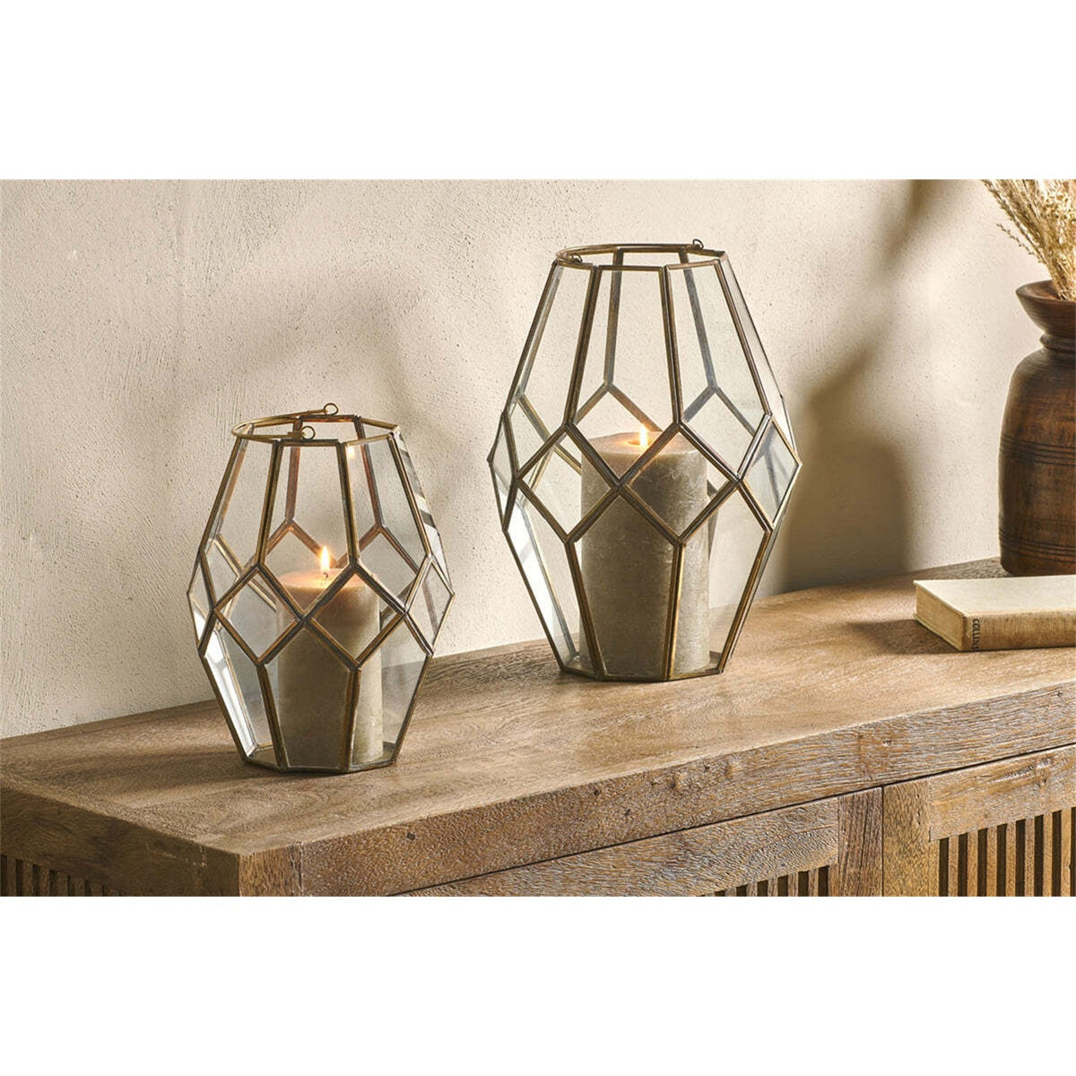 Mohani Small Faceted Glass Lantern - Antique Brass
