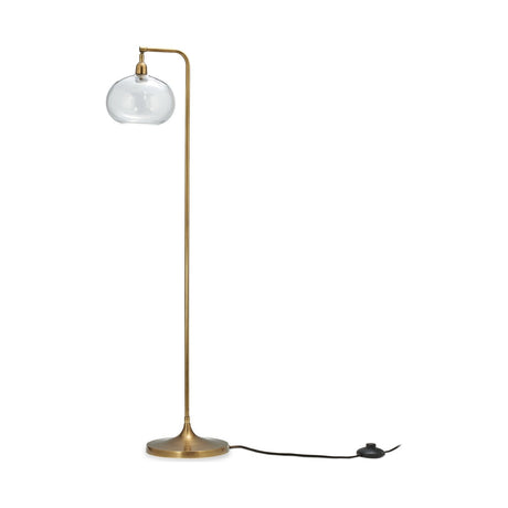Lasorne floor lamp with antique brass column and base, cranked arm, and rounded recycled glass shade, shown on a plain white background.