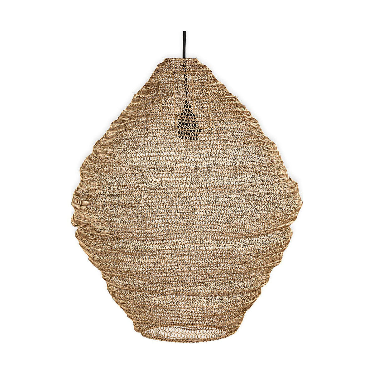 Mukuni Large Wire Lampshade in brass-toned woven mesh, a tall diamond-shaped pendant shade with horizontal ridged bands, shown on a plain white background.