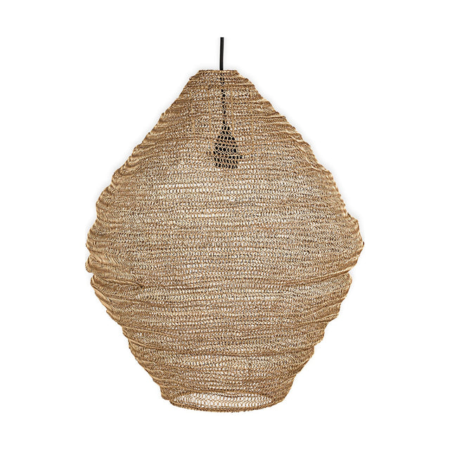 Mukuni Large Wire Lampshade in brass-toned woven mesh, a tall diamond-shaped pendant shade with horizontal ridged bands, shown on a plain white background.
