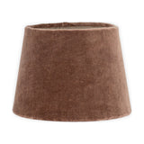 Mendai Small Velvet & Linen Lampshade in mocha, a tapered drum shade with natural linen lining visible at the top rim and a vertical seam, shown on a plain white background.