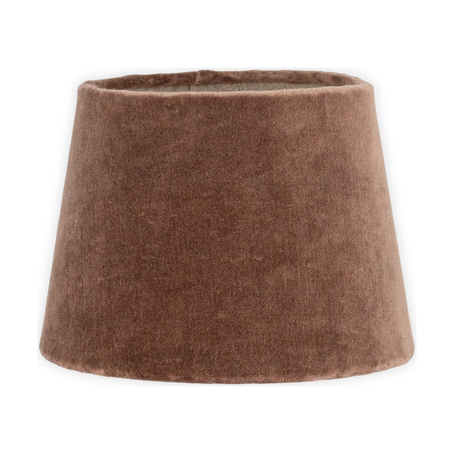 Mendai Small Velvet & Linen Lampshade in mocha, a tapered drum shade with natural linen lining visible at the top rim and a vertical seam, shown on a plain white background.