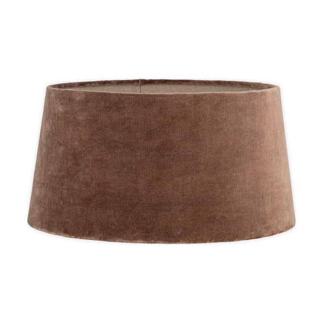 Mendai Large tapered drum lampshade in mocha velvet with pale natural linen lining visible at the top rim, shown against a plain white background.