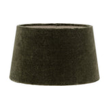 Mendai Medium Lampshade in moss green velvet, a tapered drum shape with natural linen lining visible as a pale band at the top rim, shown on a plain white background.