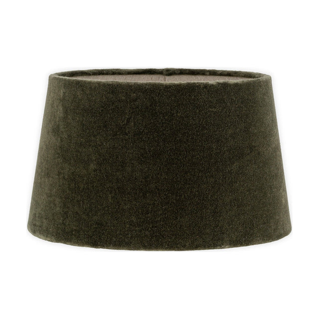 Mendai Medium Lampshade in moss green velvet, a tapered drum shape with natural linen lining visible as a pale band at the top rim, shown on a plain white background.