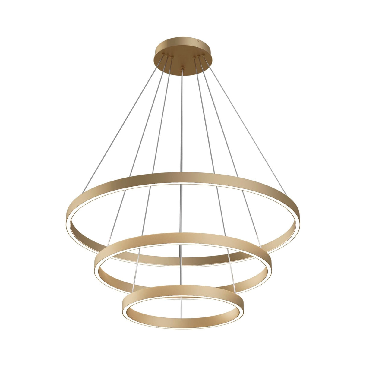 Rim LED Tri Circular Suspension Light in Brass, designed with a triple circular arrangement for elegant lighting in luxurious interiors.