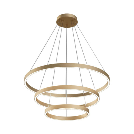 Rim LED Tri Circular Suspension Light in Brass, designed with a triple circular arrangement for elegant lighting in luxurious interiors.