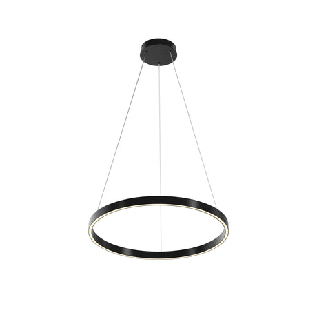 Maytoni Rim 600mm LED ring pendant light in matt black aluminium, suspended by two steel cables from a round ceiling canopy on a white background.