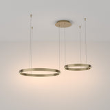 Close-up of rim LED double circular suspension light, highlighting the brass finish and sleek lines.