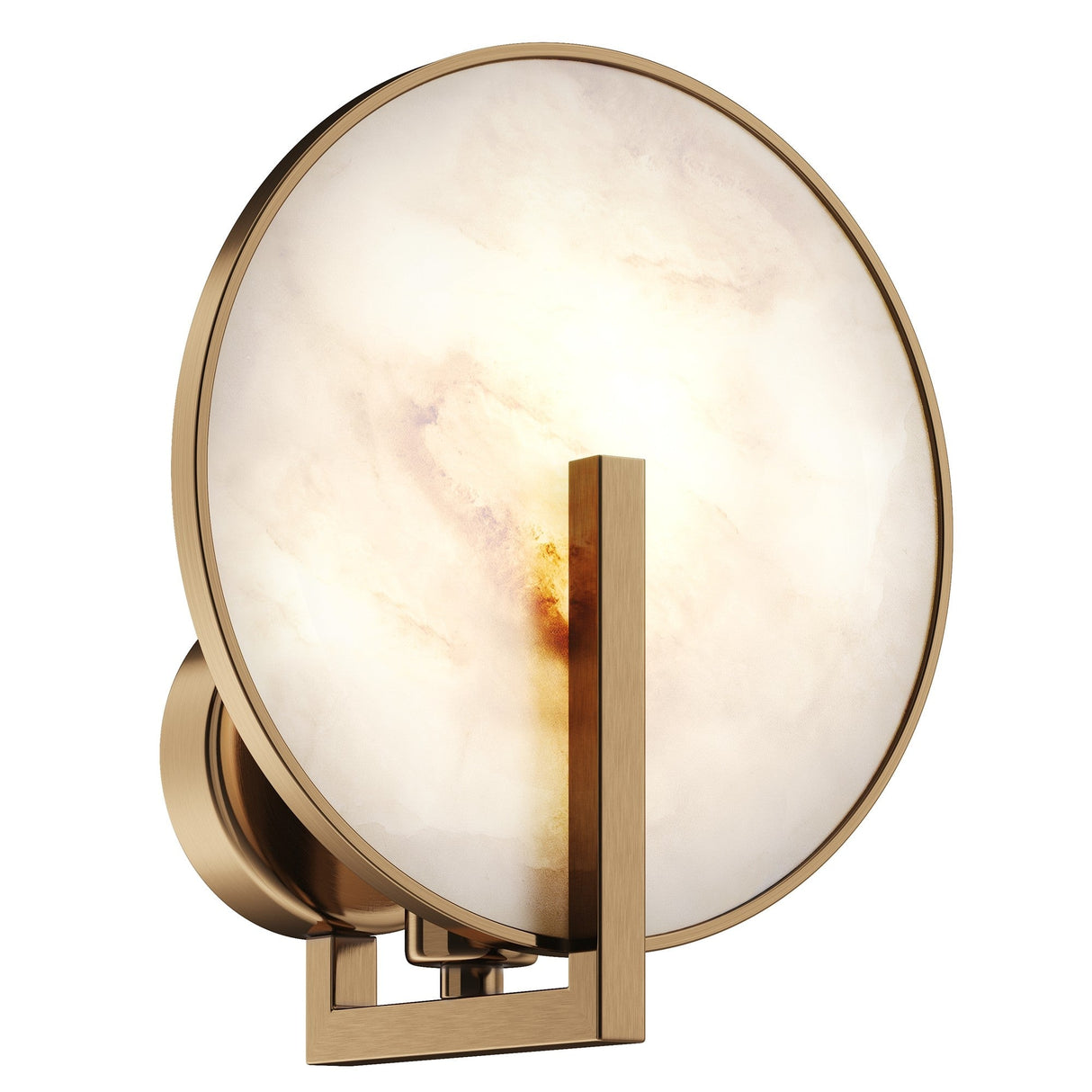 The Marmo Wall Light - Gold & Round Natural Stone showcases a circular, marble-textured design with soft diffused lighting. Its elegant gold-plated frame side-supports the fixture, blending natural stone elements with a contemporary touch.