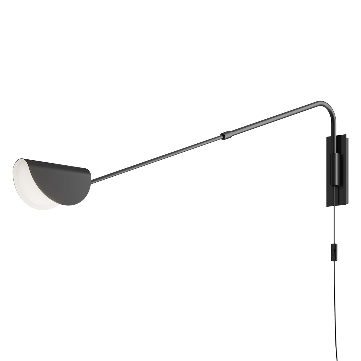 The Mollis Adjustable Wall Light - Black features a modern, minimalist design with a long, adjustable arm. It boasts a sleek black finish and a round white diffuser at the end, with an elegantly hanging cord from the base to showcase stylish contemporary lighting.