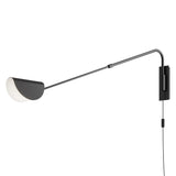 The Mollis Adjustable Wall Light - Black features a modern, minimalist design with a long, adjustable arm. It boasts a sleek black finish and a round white diffuser at the end, with an elegantly hanging cord from the base to showcase stylish contemporary lighting.