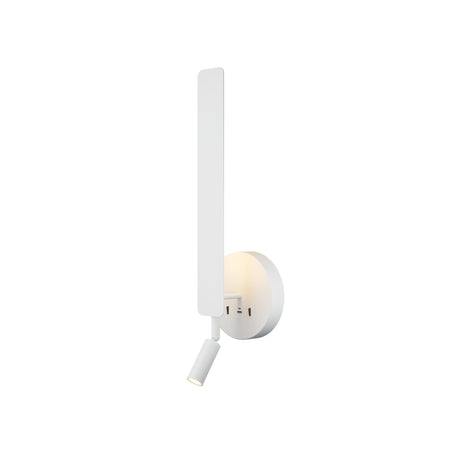 Maytoni Combo LED wall light in white, featuring a vertical panel and adjustable cylindrical reading arm on a circular backplate, shown on a white background.