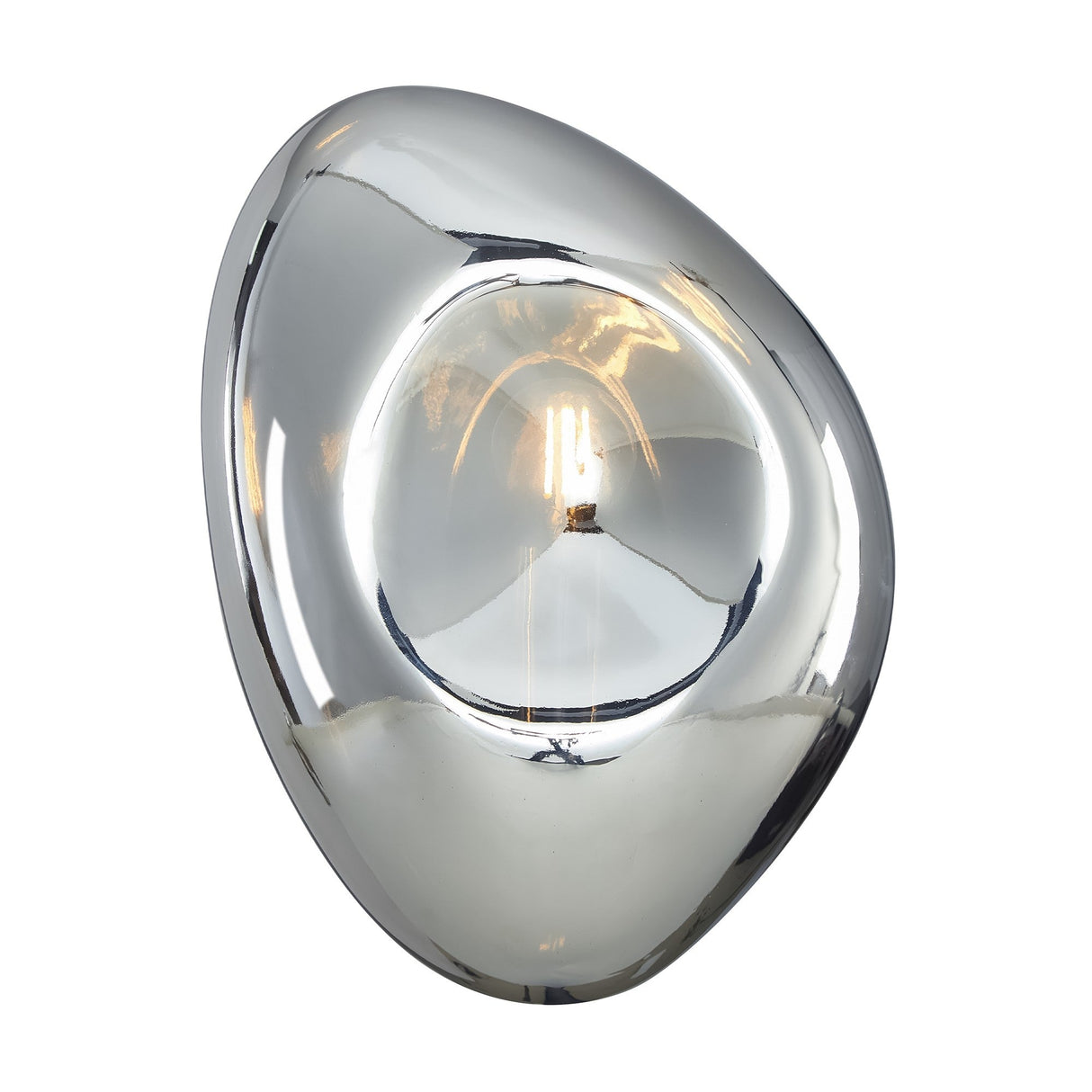 The Mabell Wall Light - Chrome is a polished metallic sconce with an abstract oval shape. Its reflective chrome finish subtly mirrors modern interiors and reveals a glowing bulb inside.