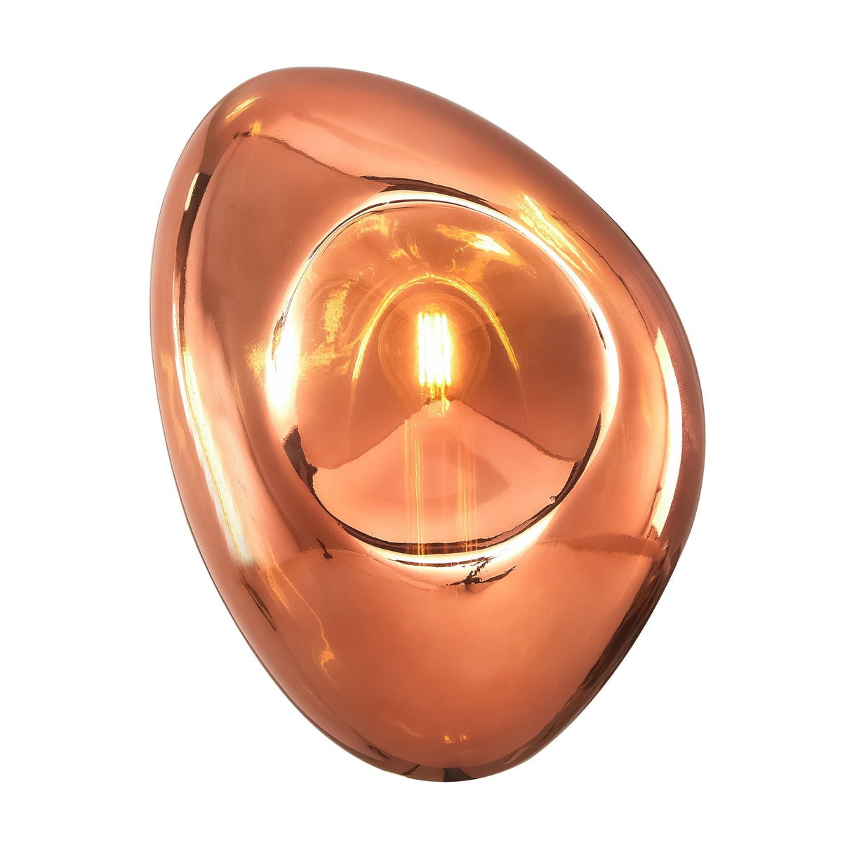 The Mabell Wall Light - Copper features a polished, reflective surface with an irregular shape and a central exposed bulb, offering a warm glow and modern, artistic accent lighting.