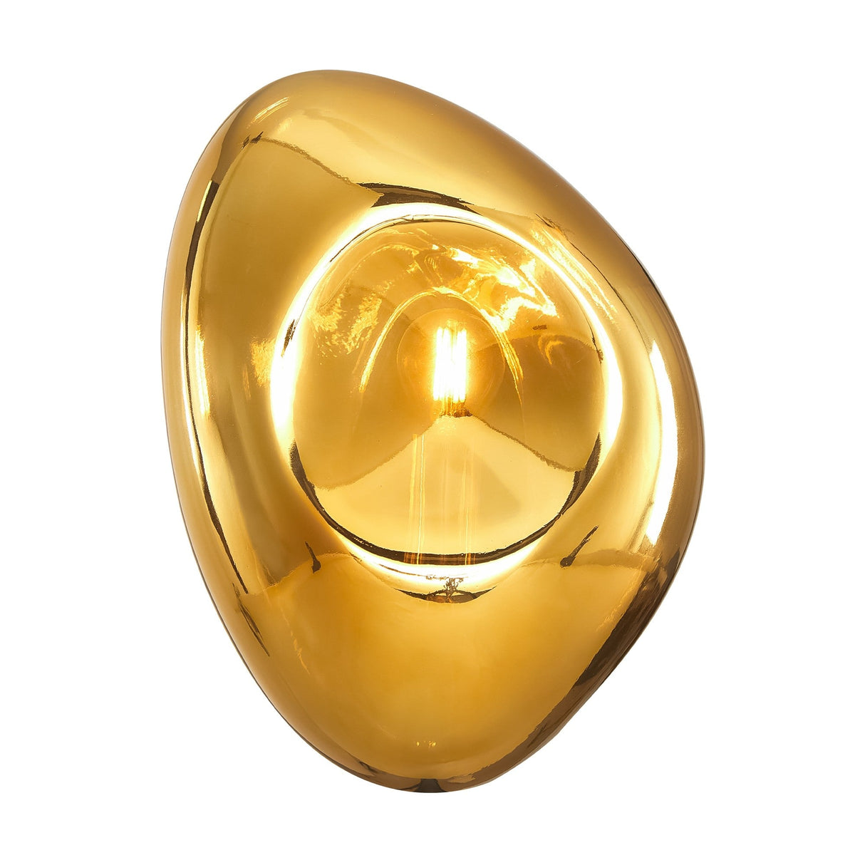 The Mabell Wall Light - Gold is a modern statement piece with an abstract shape and luxurious finish. It features a partially visible bulb that emits a warm glow, enhancing its contemporary appeal with an elegant reflective surface.