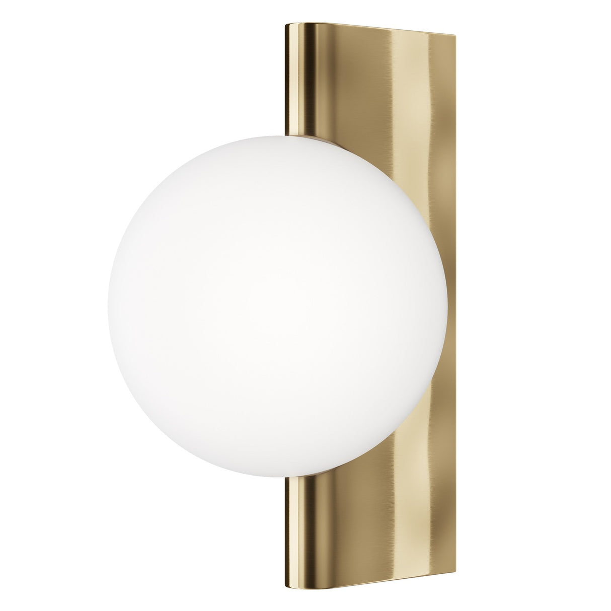 The Avant-Garde Wall Light - Brass, with its gold rectangular base and large white spherical light fixture, is a sleek and sophisticated wall sconce that elegantly blends metallic and minimalist elements.