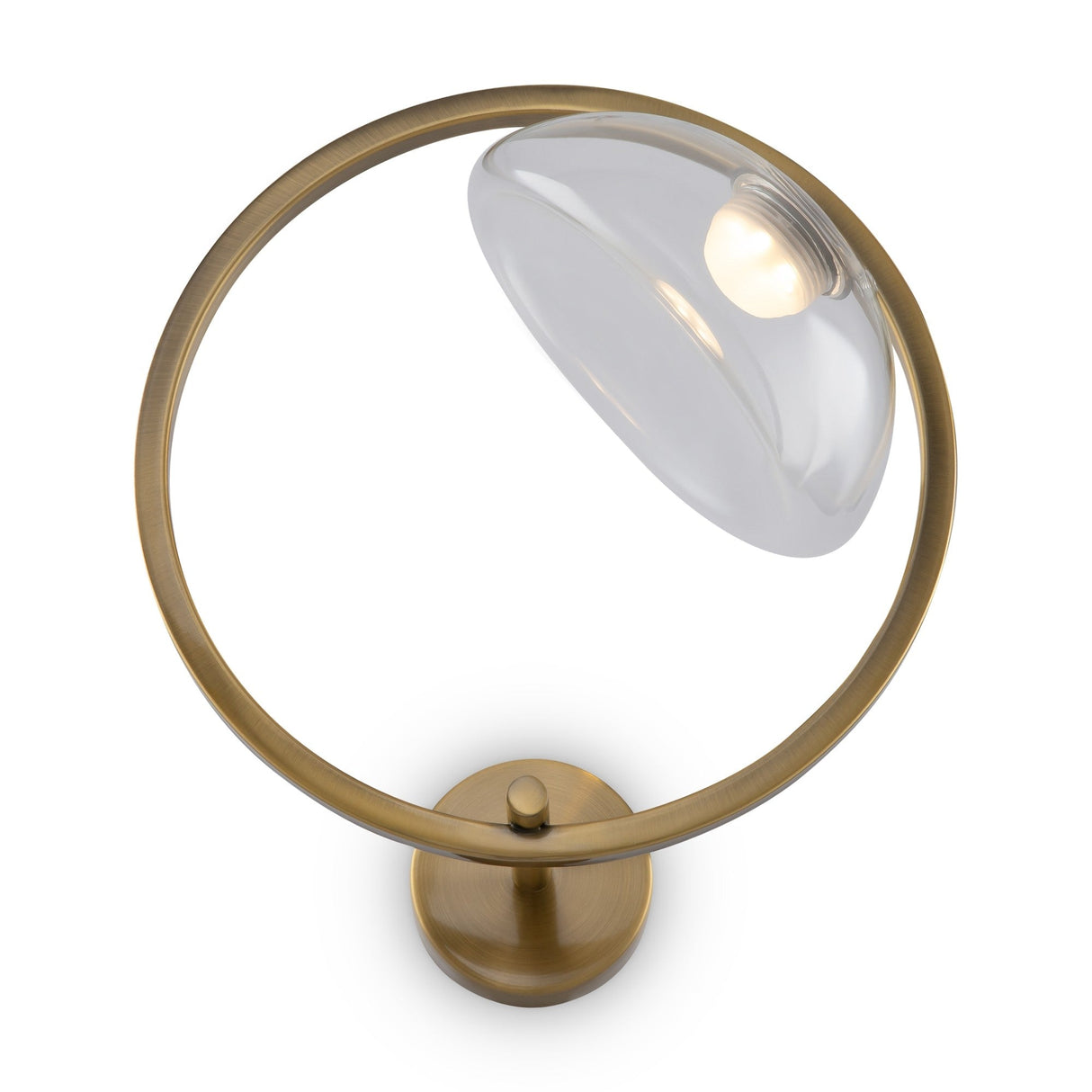 Close-up of Lunare brass and glass wall light, emphasizing the polished brass finish and clear glass.