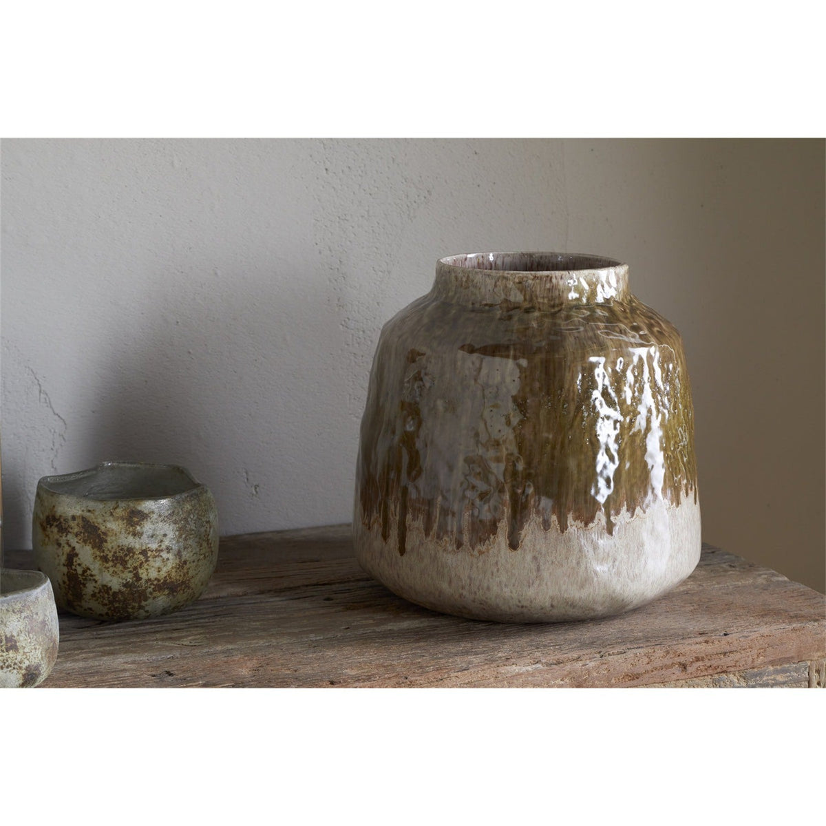 Melina Reactive Glaze Ceramic Vase - Olive & Natural