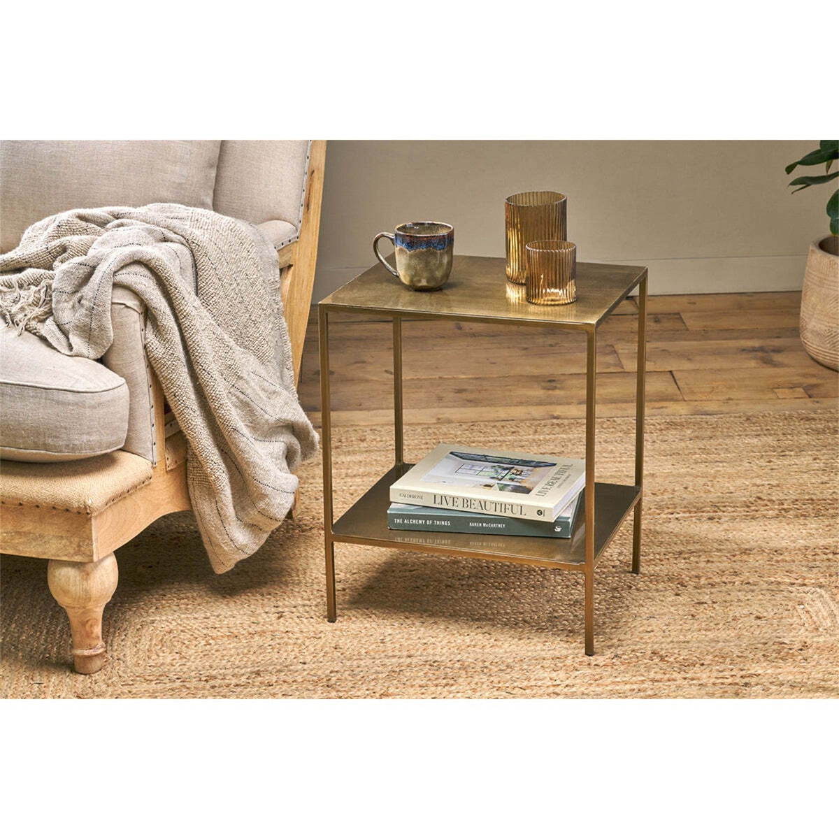 Mahi 2 Tier Iron Side Table - Antique Brass
