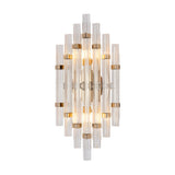 Niori Magari 2 Light Crystal Glass Wall Light in gold, with fluted glass rods clustered in a diamond shape held by polished gold collars, lit and illuminated.