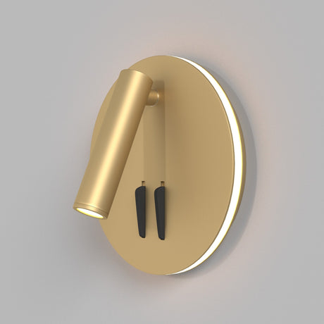 The Los 176 LED Round Wall Light, with a 9W 3000K output, features a matte gold finish and a sleek cylindrical adjustable arm on a circular base, making it ideal for contemporary decor.