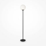 The Ring Floor Lamp - Black has a minimalist design with a slender black stand, topped by a frosted glass globe, all poised on a circular base against a plain white background.