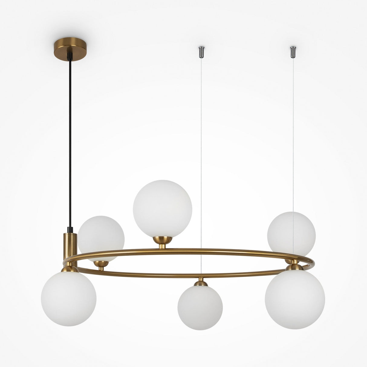 The Ring 6 Light Circular Suspension - Gold With White Glass is a chandelier with frosted white glass spheres, a gold circular frame, and hangs elegantly from a black rod and two thin wires against a pristine white background.