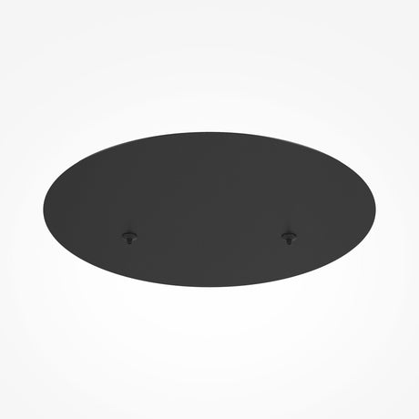 The Rim Cluster Canopy 2 Light Round in black is a minimalist round, flat ceiling fixture with two visible screws that stands out against a white background.