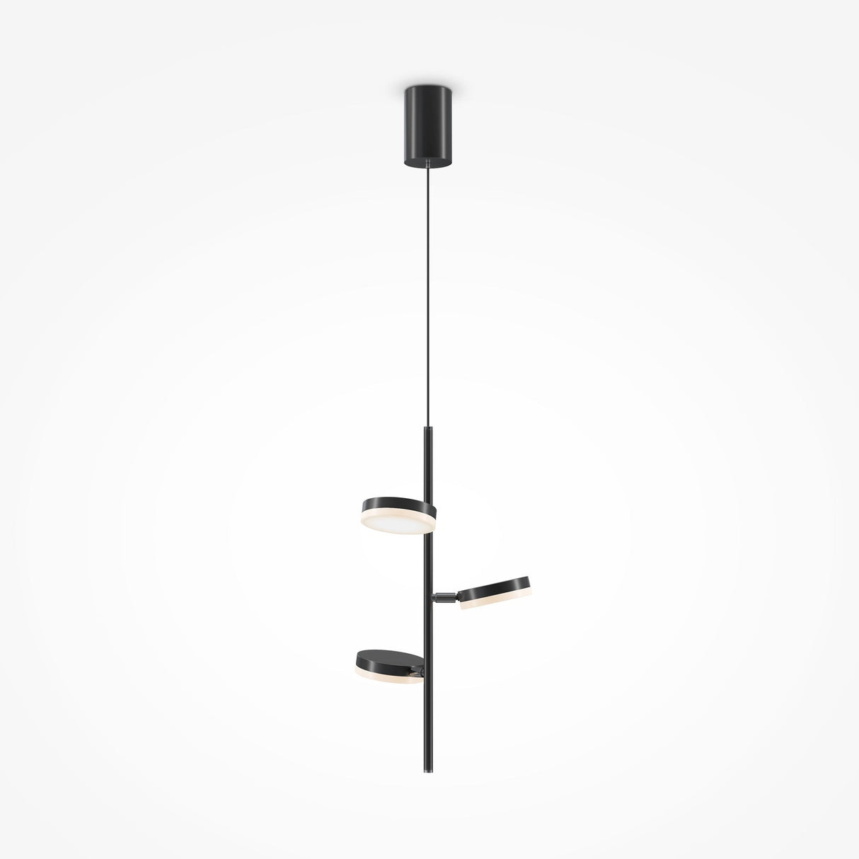 The Fad Adjustable LED Pendant - Black showcases a minimalist design with a vertical rod and three adjustable circular lamps. Hanging from the ceiling against a white background, this sleek, modern fixture is ideal for contemporary spaces.