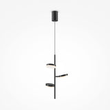 The Fad Adjustable LED Pendant - Black showcases a minimalist design with a vertical rod and three adjustable circular lamps. Hanging from the ceiling against a white background, this sleek, modern fixture is ideal for contemporary spaces.