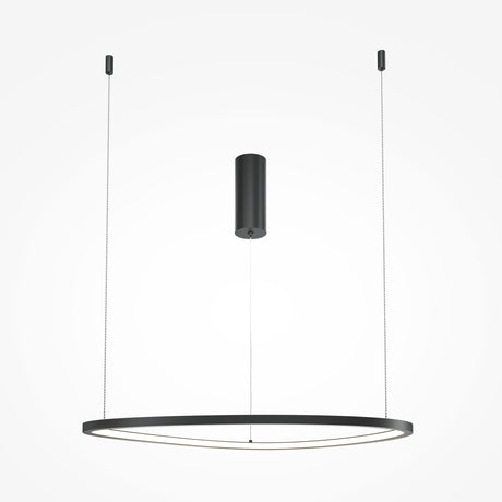 The Glint LED Circular Suspension Light features a minimalist, energy-efficient design with a black 60cm circular frame. It hangs elegantly from a cylindrical ceiling mount using two thin wires against a white background.