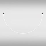 A wide U-shaped, thin, white curved line features a Tau LED Pendant Light with modern lighting technology on a light gray gradient background. It includes black horizontal caps marked with T, showcasing the essence of a flexible neon silicone diffuser.
