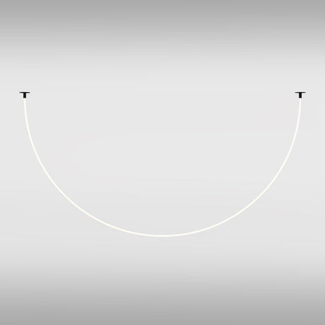 A wide U-shaped, thin, white curved line features a Tau LED Pendant Light with modern lighting technology on a light gray gradient background. It includes black horizontal caps marked with T, showcasing the essence of a flexible neon silicone diffuser.