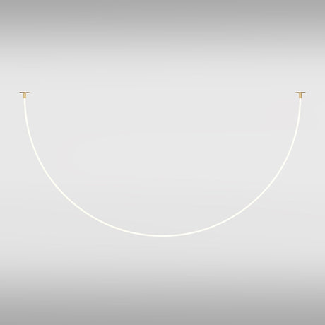 The Tau LED Pendant Light 40W features a curved, thin white line resembling a swing, suspended between small gold fixtures on a smooth light gray background. This modern decor piece is enhanced with a flexible neon silicone diffuser.