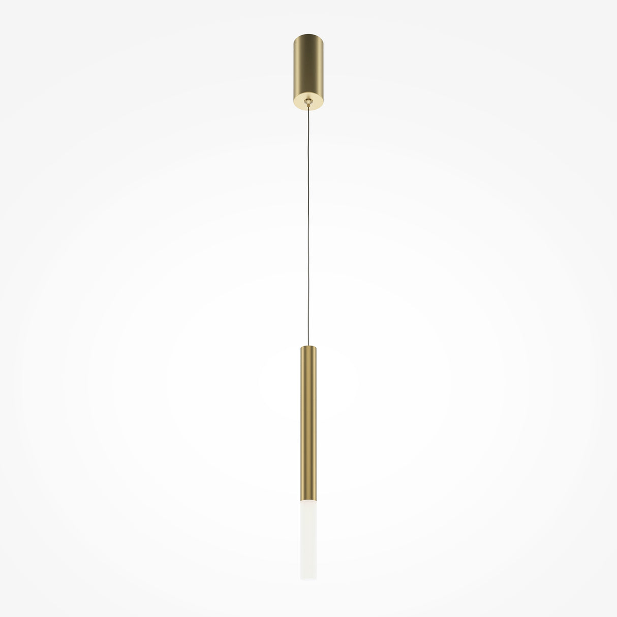 Maytoni Pro Shade Column LED pendant light in gold, featuring a slim cylindrical metal body suspended from a matching canopy on a single cable.