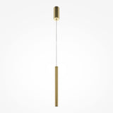 The Pro Base LED Thin Pendant Light - Gold features a sleek, modern design with a cylindrical rod and brushed gold finish. It hangs from a thin wire on a circular ceiling mount, with an integrated LED light that complements its minimalism against a light gray background.
