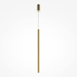 The Pro Extra LED Long Thin Pendant Light in gold features a modern cylindrical design, hanging from a slim wire to its round ceiling mount.