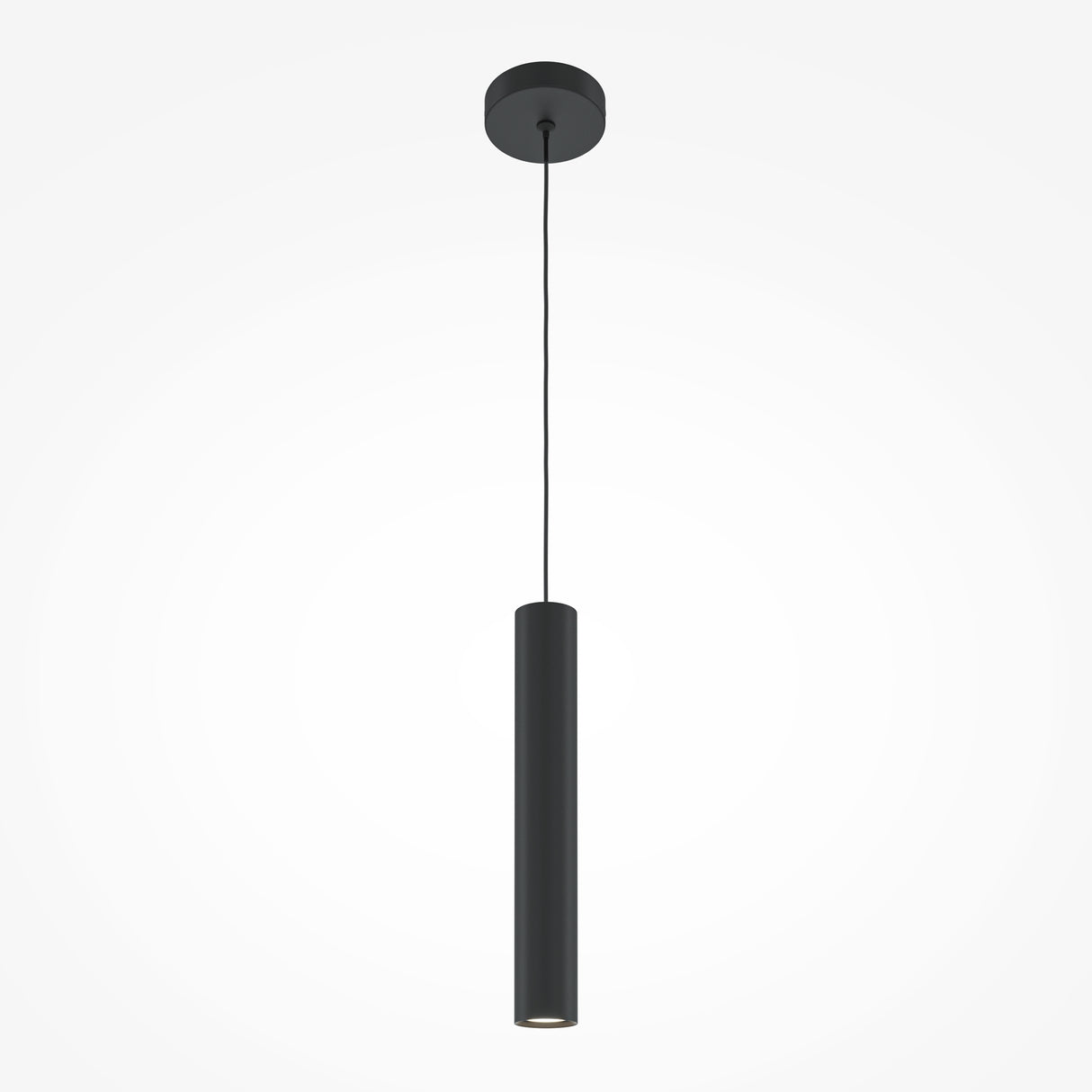 Maytoni Pro Focus Ring matt black cylindrical pendant light with GU10 fitting, suspended from a round ceiling canopy on a black cable.