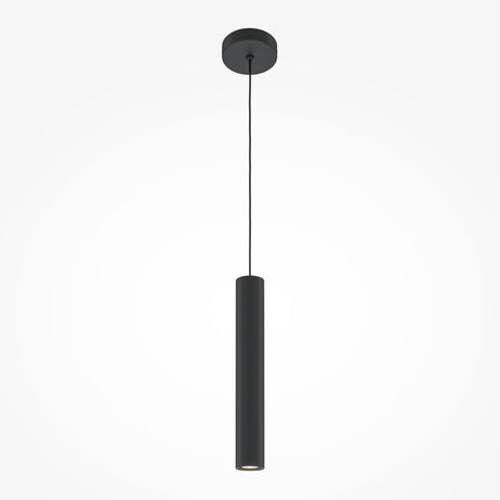 Maytoni Pro Focus slim cylindrical pendant light in matt black aluminium, suspended from a round ceiling canopy on a black cable.