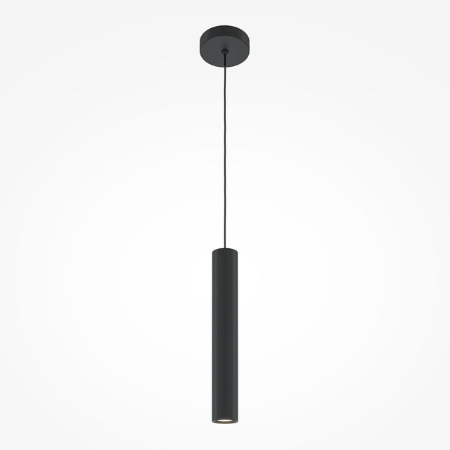 Maytoni Pro Focus Ring matt black cylindrical pendant light with GU10 fitting, suspended from a round ceiling canopy on a black cable.