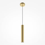 The Pro Focus Thin Pendant Light - Gold, with its minimalist cylindrical design and brushed gold finish, hangs elegantly from the ceiling by a black cord against a crisp white background.