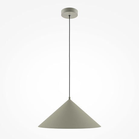 The Basic Colors Cone Pendant Light - Grey features a minimalist cone-shaped grey shade and a thin black cord, attached to a round ceiling mount. Its simple elegance against the plain white background makes it ideal for any modern interior.