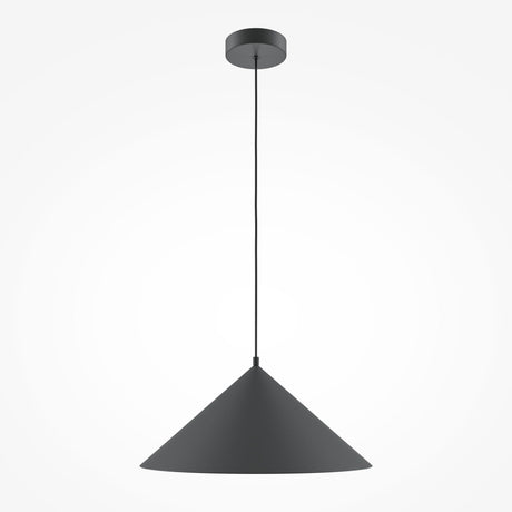 A Basic Colors Cone Pendant Light - Black, featuring a minimalist dark gray cone, hangs from a thin black cord attached to the ceiling. Its modern design offers beautiful contrast against a plain white background.