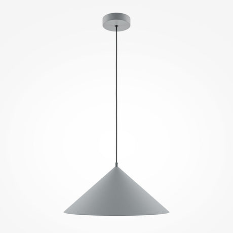The Basic Colors Cone Pendant Light - Matte Grey features a minimalist conical shade in matte gray, suspended by a slim black cord, with a round gray ceiling mount, creating a sleek and modern design.