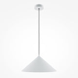 The Basic Colors Cone Pendant Light - White is a modern fixture with a sleek conical white shade, suspended by a slim black cord and attached to a small round ceiling mount, set against a plain white background.