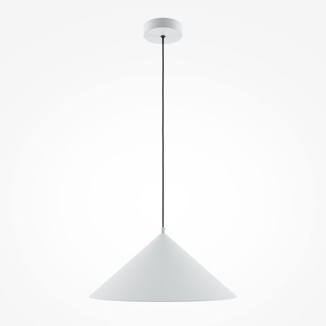 The Basic Colors Cone Pendant Light - White is a modern fixture with a sleek conical white shade, suspended by a slim black cord and attached to a small round ceiling mount, set against a plain white background.