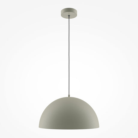 The Basic Colors Dome Pendant Light in grey features a sleek metal shade. Suspended by a dark cord, it exudes elegance against a white backdrop, embodying modern minimalist lighting.
